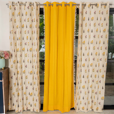 Cotton Curtains Combo, Set of 3 curtains, 60-65% Room Darkening Curtain - High Garden & Aura Yellow