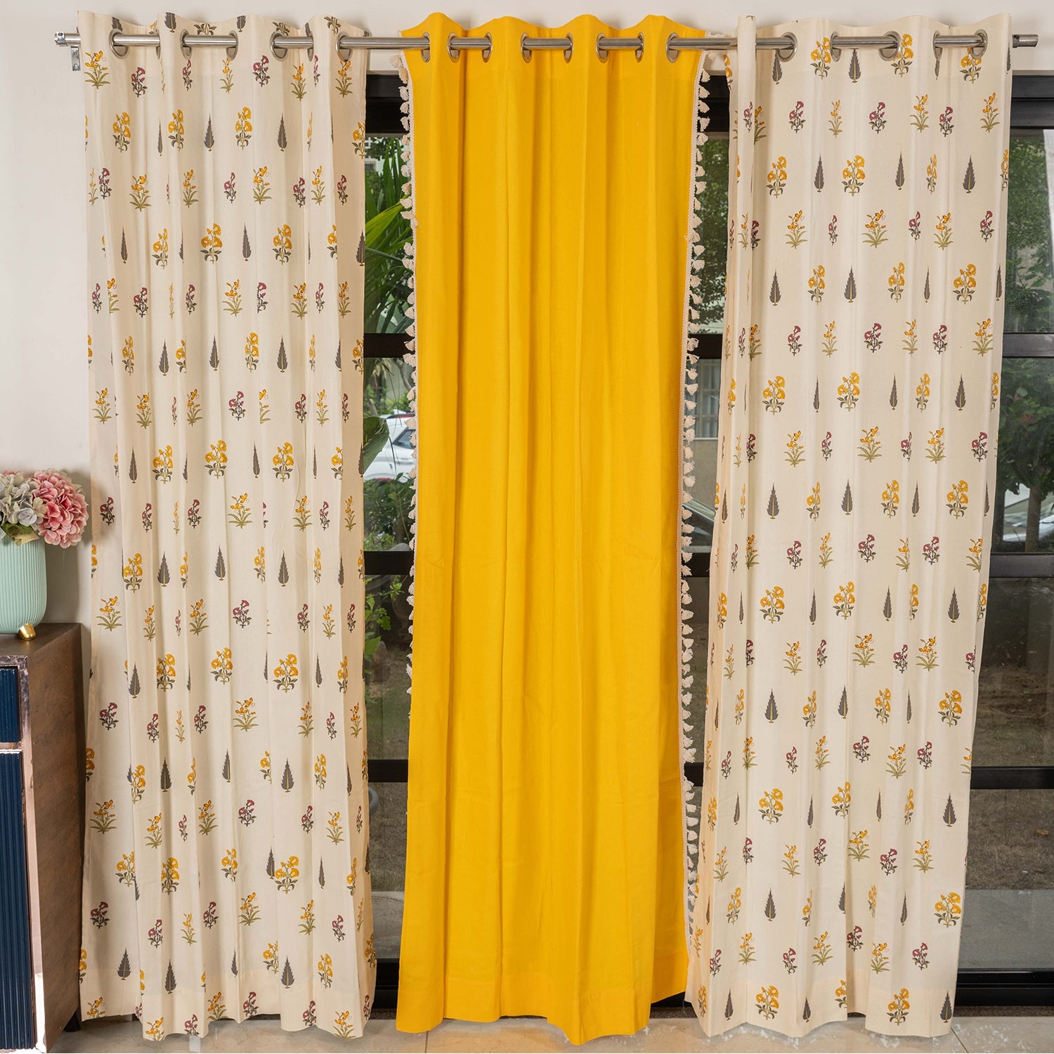 Cotton Curtains Combo, Set of 3 curtains, 60-65% Room Darkening Curtain - High Garden & Aura Yellow
