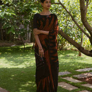 Rust Handloom Orissa Cotton Saree With Black Temple border