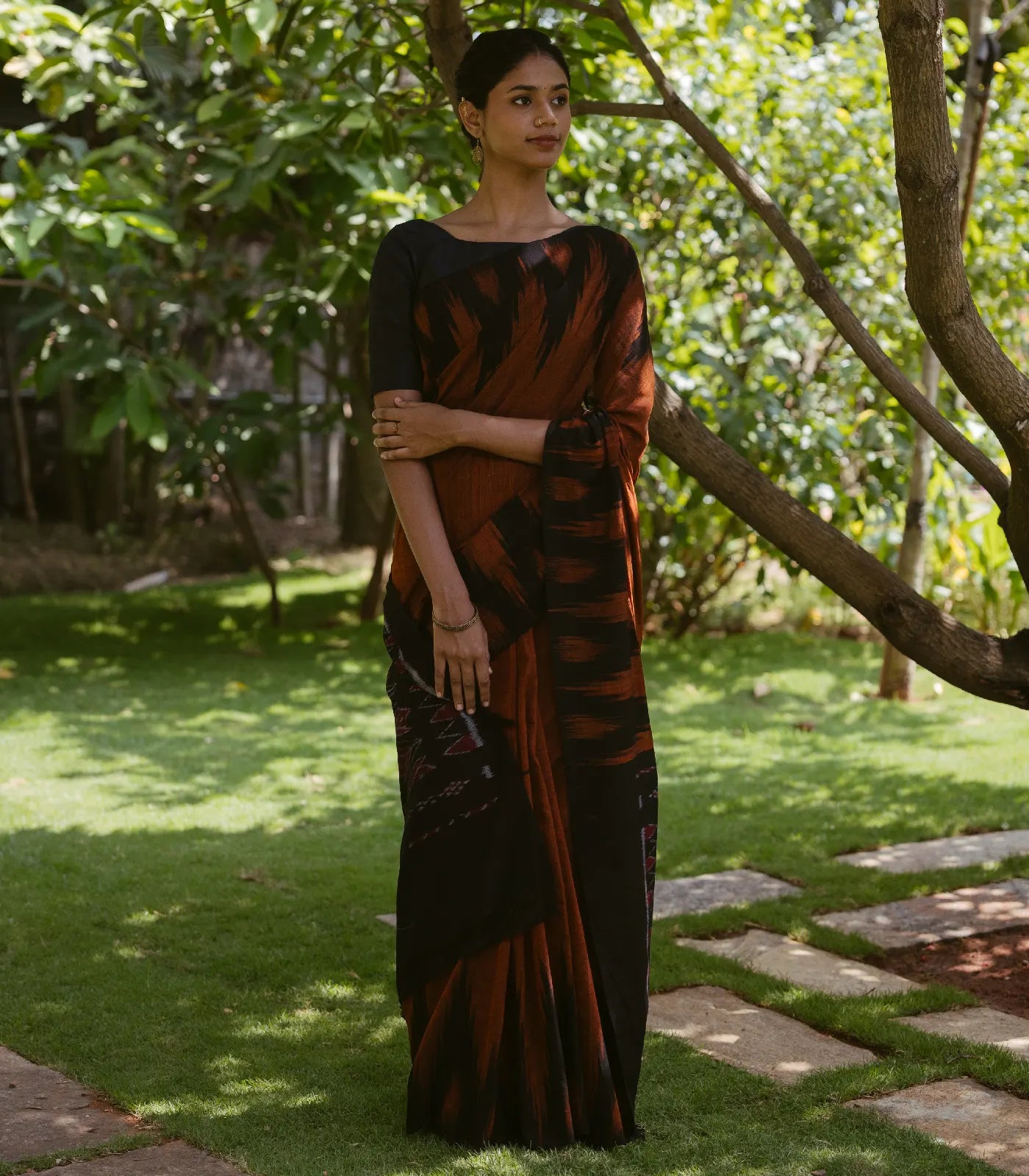 Rust Handloom Orissa Cotton Saree With Black Temple border
