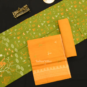 Mehendi Green Yellow Tribal Design  Sambalpuri Cotton Dress set with Dupatta