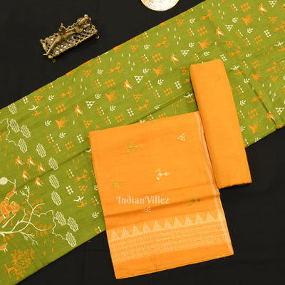 Mehendi Green Yellow Tribal Design  Sambalpuri Cotton Dress set with Dupatta