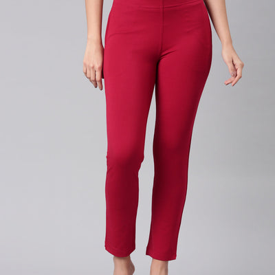 Women Solid Dark Red Mid Rise Smart Fit Kurti Pant
