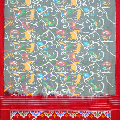 Grey Nature With Wildlife Design Pochampally Ikat Silk Saree