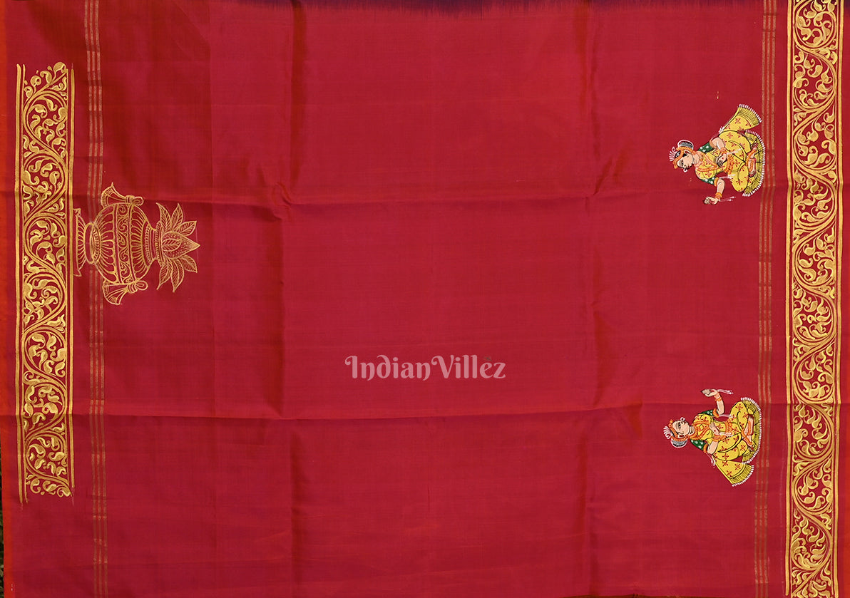 Bright Green with Red Doli Barat Theme Hand-Painted Pattachitra Saree