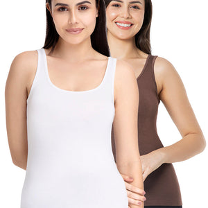 Solid High Coverage Round Neck Modal Vest (Pack of 2) - Cacao Nibs - White