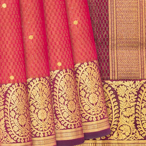 Crimson Handloom Lino Checks Silk Saree Coin Buttas