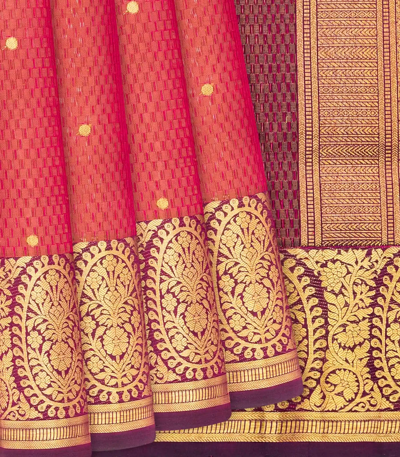 Crimson Handloom Lino Checks Silk Saree Coin Buttas