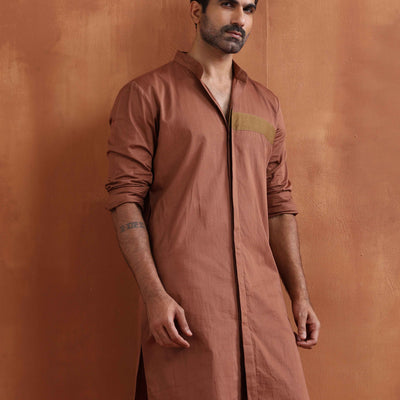 trueBrowns Men's Brown Cotton Front Open Kurta