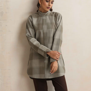trueBrowns Green Check High Neck Short Kurta