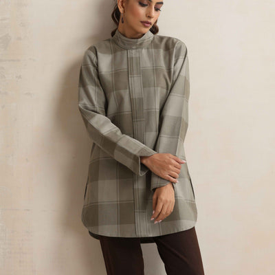 trueBrowns Green Check High Neck Short Kurta