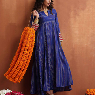 trueBrowns Blue Stripe Flared Anarkali Kurta Set