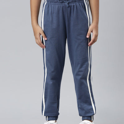 Girls Printed Blue Mid Rise Cotton Joggers