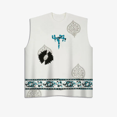 F A R A K | SLEEVELESS BLOCK-PRINTED T-SHIRT { WHITE
