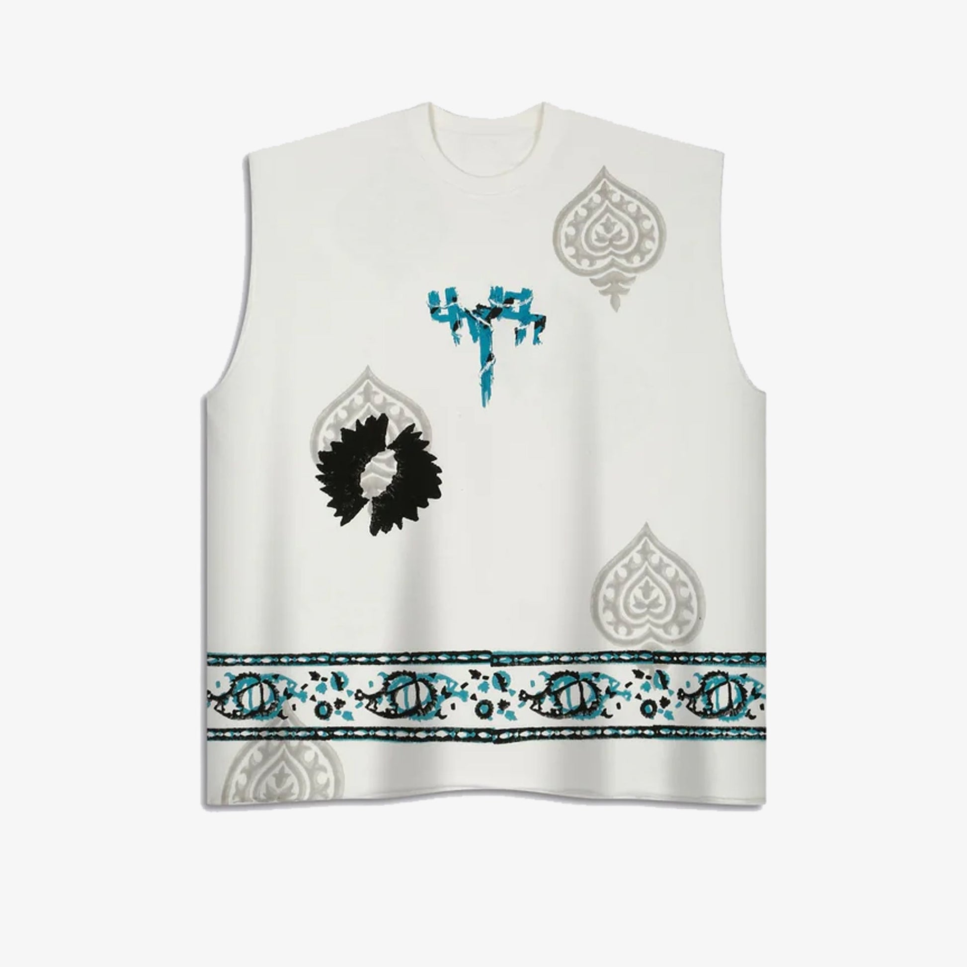 F A R A K | SLEEVELESS BLOCK-PRINTED T-SHIRT { WHITE