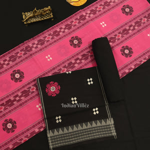 Baby Pink Black Flower Buti Odisha Ikat  Sambalpuri Dress Material & Dupatta
