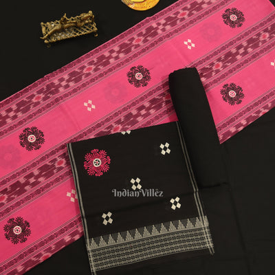 Baby Pink Black Flower Buti Odisha Ikat  Sambalpuri Dress Material & Dupatta