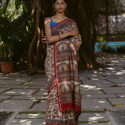Cream Handloom Chanderi Cotton Saree With  A Printed Kalamkari Design