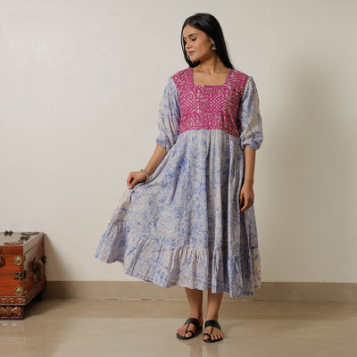 Blue - Hand Batik Printed Cotton Flared Dress 03
