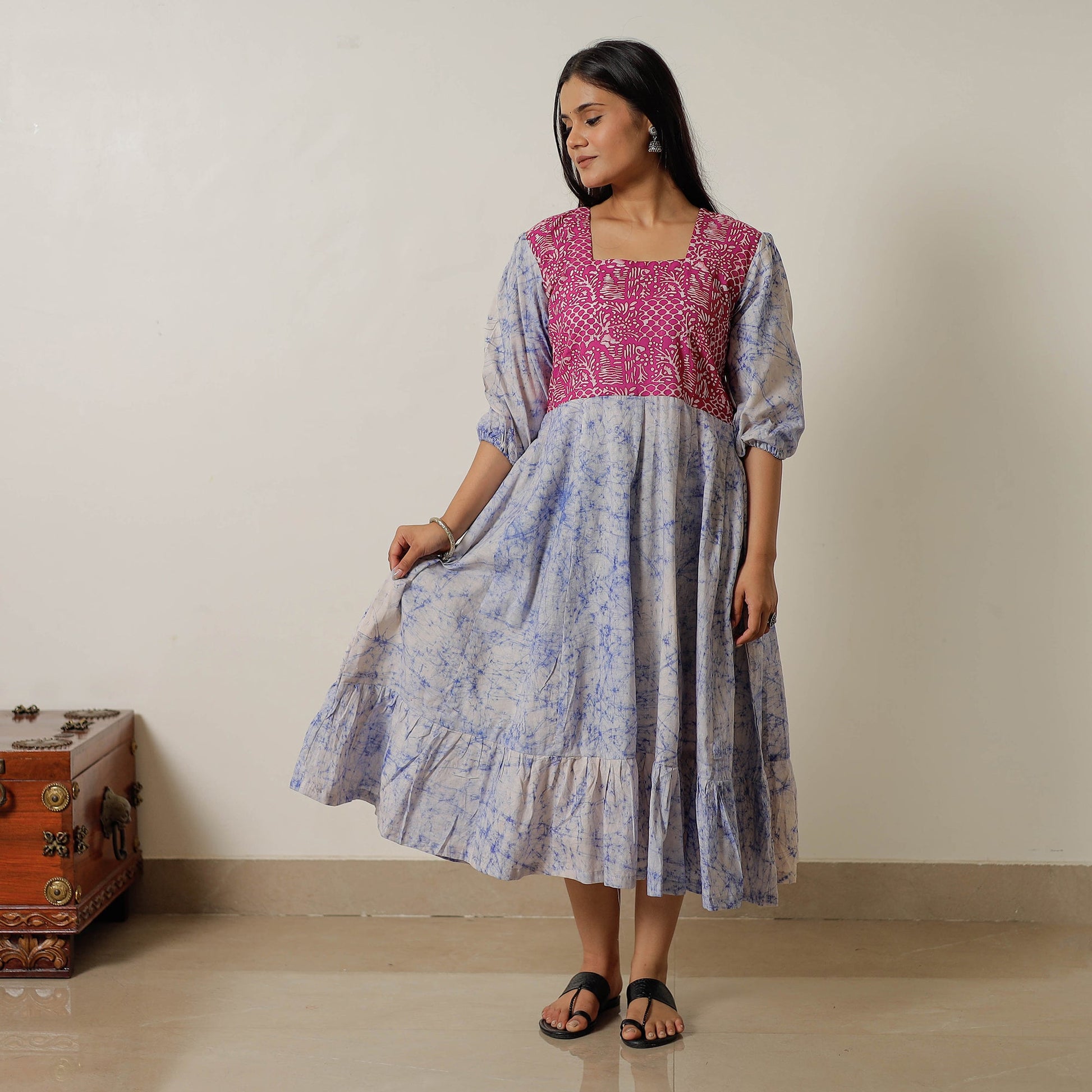 Blue - Hand Batik Printed Cotton Flared Dress 03