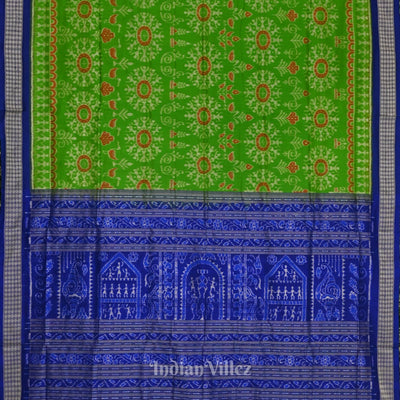 Parrot Green with Peacock Blue Odisha Ikat Sambalpuri Silk Saree