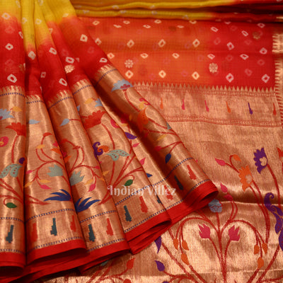 Yellow Red Bandhini  Banarasi  Kota Silk Saree with Paithani Border