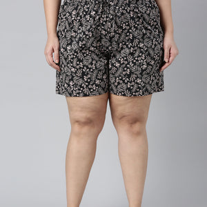 Women Printed Black Mid Rise Woven Viscose Lounge Short