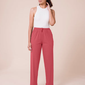 Women Solid Rusty Pink Mid Rise Casual Rib Pants