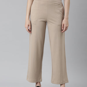 Women Solid Beige Ponte Wide Leg Pants
