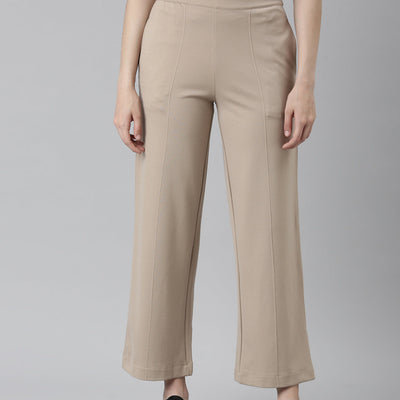 Women Solid Beige Ponte Wide Leg Pants