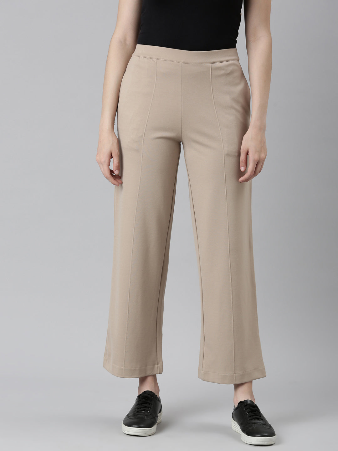 Women Solid Beige Ponte Wide Leg Pants