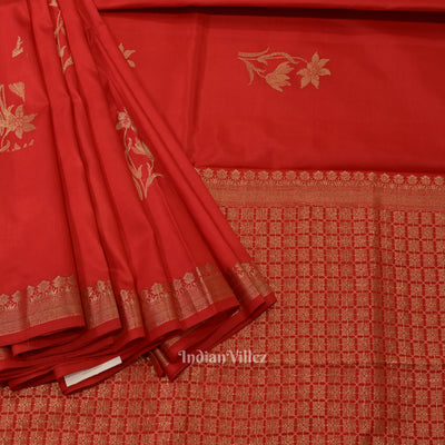 Pure Red Floral Motif Designer Katan Banarasi Silk Saree