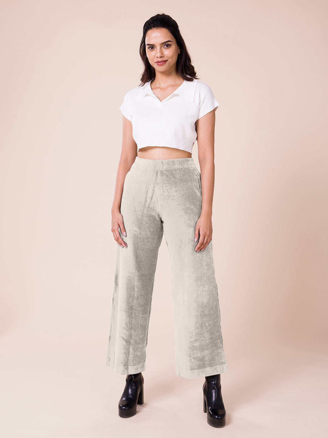 Women Solid Light Beige Mid Rise Corduory Wide Pants