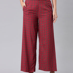 Women Red Woven Viscose Mid Rise Printed Palazzo