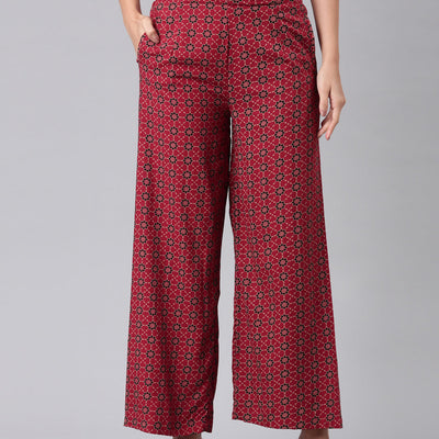 Women Red Woven Viscose Mid Rise Printed Palazzo