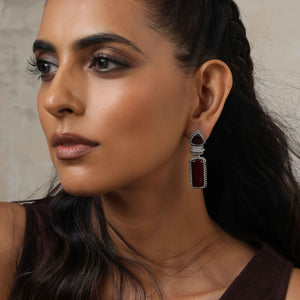 trueBrowns Silver tone Red Stone Drop Earrings