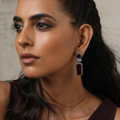 trueBrowns Silver tone Red Stone Drop Earrings