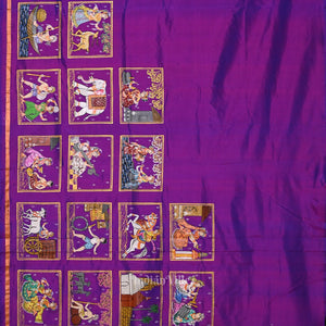 Green Purple Radha Krishna Village Theme Pattachitra Saree