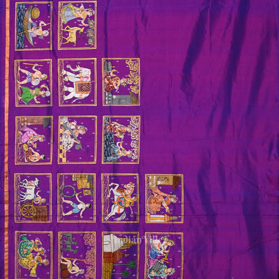 Green Purple Radha Krishna Village Theme Pattachitra Saree