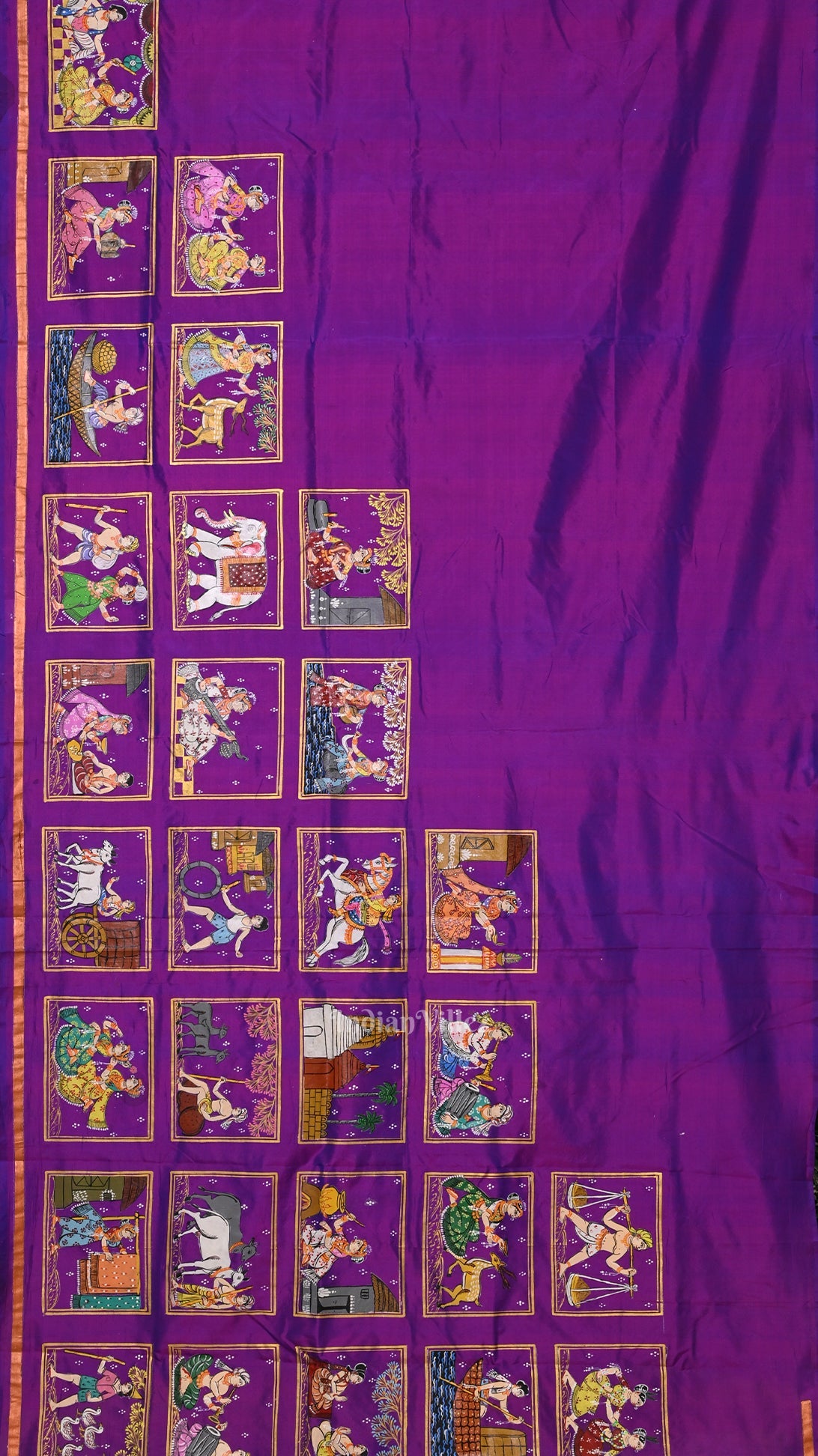 Green Purple Radha Krishna Village Theme Pattachitra Saree