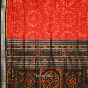 Deep Red Black Tribal Theme Sambalpuri Silk Saree