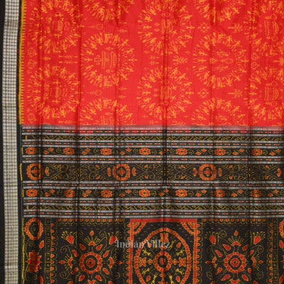 Deep Red Black Tribal Theme Sambalpuri Silk Saree