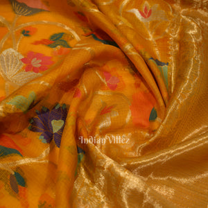 Yellow Pure Jamdani Banarasi Kota Silk Saree