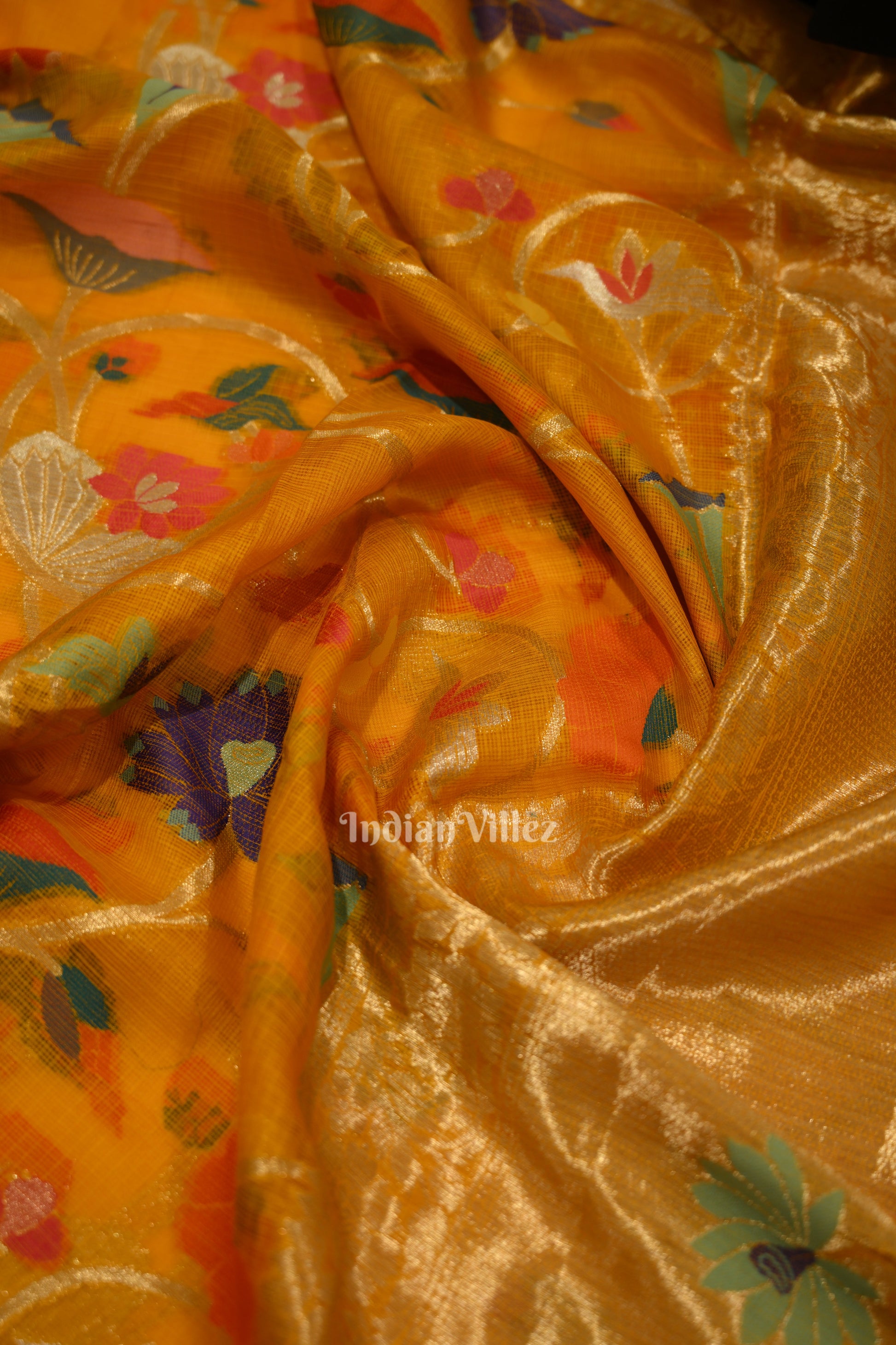 Yellow Pure Jamdani Banarasi Kota Silk Saree
