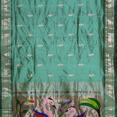 Teal Blue Peacock Butti Paithani Silk Saree