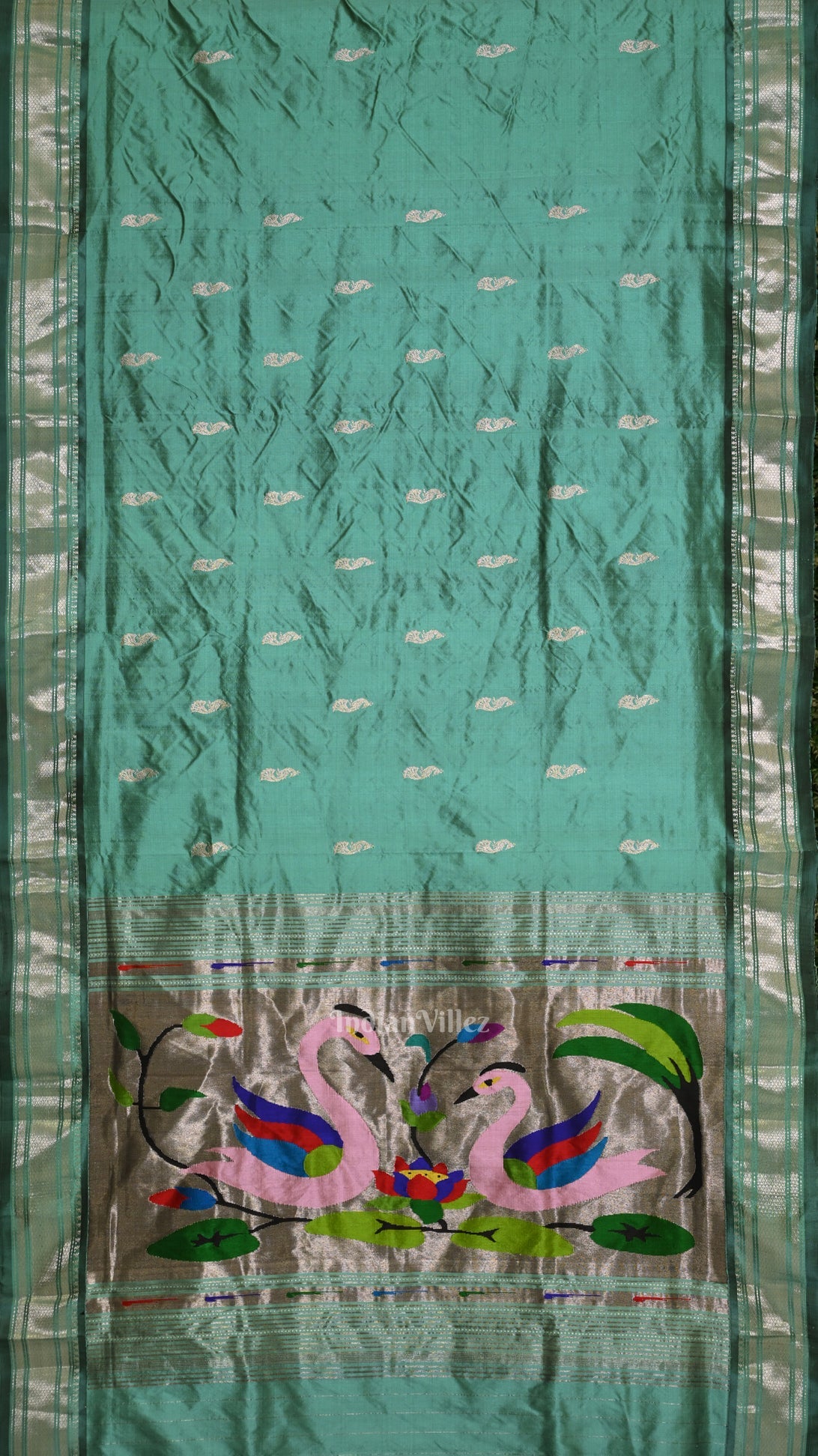 Teal Blue Peacock Butti Paithani Silk Saree