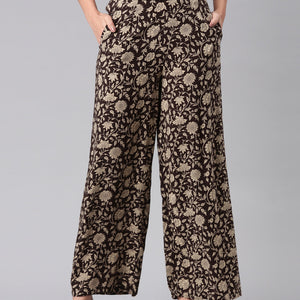 Women Black Woven Viscose Mid Rise Printed Palazzo