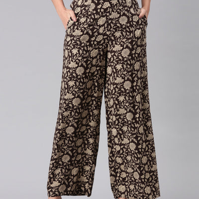 Women Black Woven Viscose Mid Rise Printed Palazzo