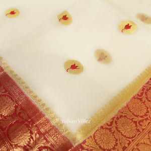 Off White Red Designer Kora Oraganza Banarasi Saree