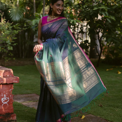 Teal Handloom Kanchi Cotton Saree With Yazhi Buttas